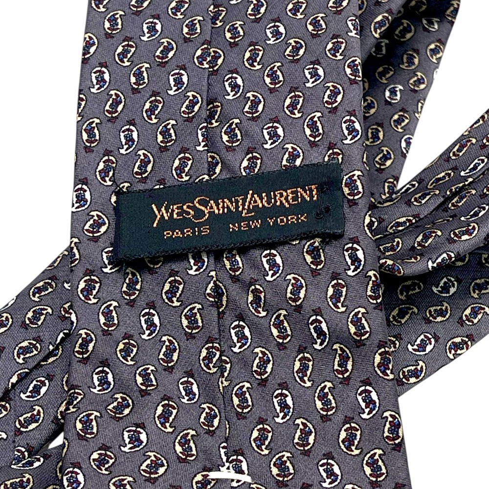 Yves Saint Laurent‎ Mens Designer Tie Silk Wool Paisley Grey All Over Print